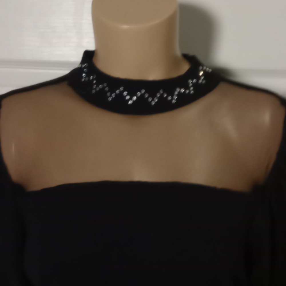 By Design Black Sheer Neckline Rhinestone Top Size Large - Picture 3 of 8